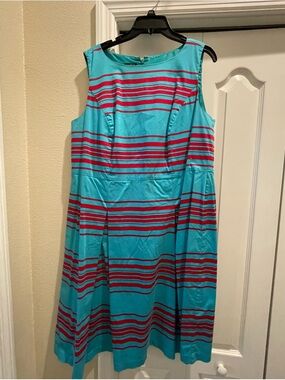 Talbots Turquoise/Coral Stripe A-Line Dress 16W